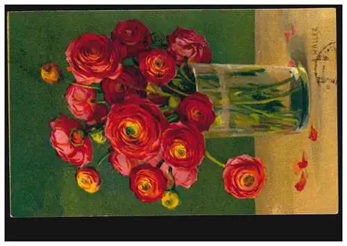 Künstler-AK Haller: Rote Rosen im Glas, MÜNCHEN 8 - 8.3.1914