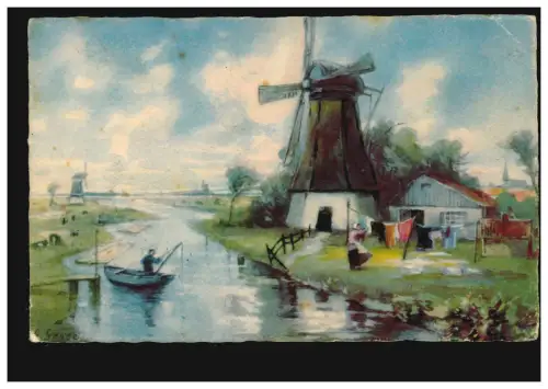 Künstler-AK Haller: German Grobe: Flusslandschaft Windmühle, Fischer, 25.6.19
