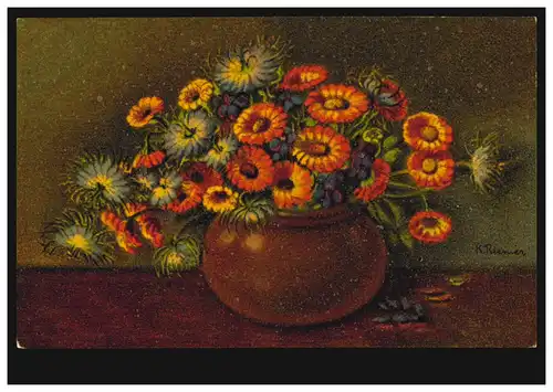 Artiste-AK Nature morte avec fleurs, Carte postale locale HoF / SAALE 1911