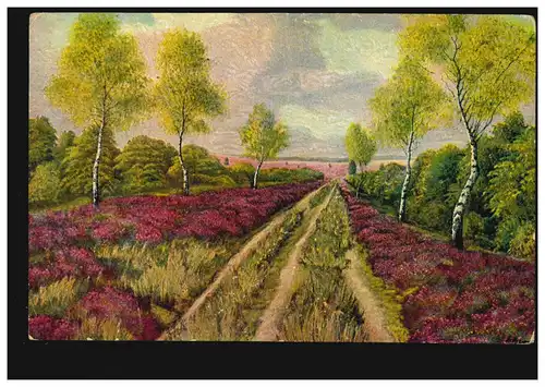 Künstler-AK R. Rabach: Straße in der Heide, Degi-Ölkunst, ungebraucht