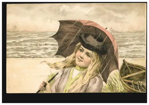 AK artiste femme sous la pluie avec parapluie sur la plage, édition Amag, inutilisé