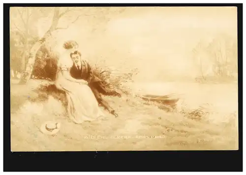 Künstler-AK E. Meier: Nach dem Geständnis - Liebespaar am Ufer, beschriftet 1924