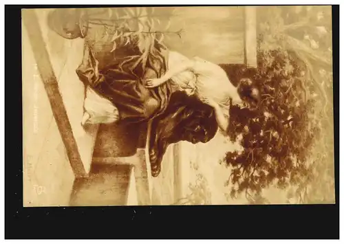 Künstler-AK E. Meier-Jeunesse: Frau mit Löwenfigur, beschriftet 1920