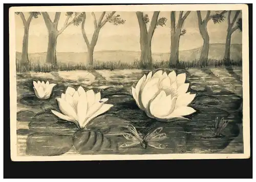 Künstler-AK Seerosen mit Libellen, GOTENHAFEN 29.8.1943 