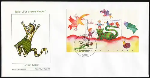 Block 55 Für uns Kinder - Kinder und Tiere 2001 auf FDC Bonn