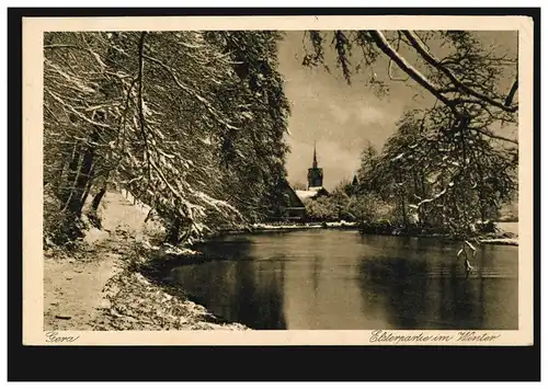 AK Gera: Elsterpartie im Winter, Feldpost GERA (Reuß) 19.11.1915