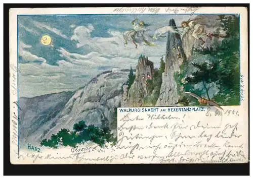 AK Harz Walpurgisnacht am Hexentanzplatz, THALE  8.6.1901 nach LAGE (LIPPE) 9.6.