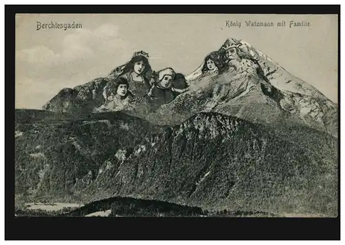 Humour-AK Berchtesgaden Roi Watzmann avec famille, édition Lehrburger 1909