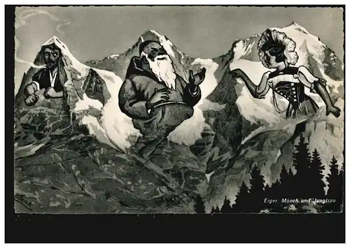 humour-AK Les Alpes: Propriétaire, moine et Vierge, édition Wehrli, inutilisé