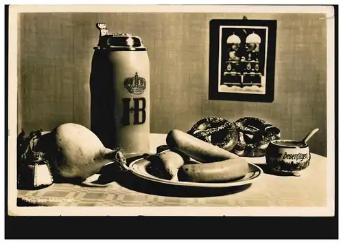 AK Munich 20.12.1936: La table de saucisse blanche - bière, radis, saumons, bretzels et moutarde