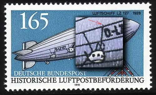 1525 Luftpost 165 Pf, PLF verlängerte Linie über dem D von D-LZ, Feld 4, **