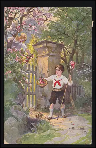 AK Jos artiste. Frank: Fille et garçon à la moisson des roses, couru 1914