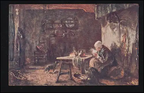 Künstler-AK Josef Israels: Erquickung - Frau mit heißem Getränk und Katze, ung.