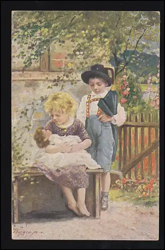 Künstler-AK Berger: Mutterpflichten - Puppe Mädchen Junge, Markt Einersheim 1921