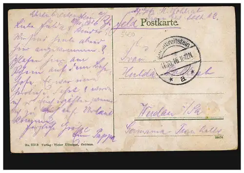 AK Forteresse d'Honneur en-deçà du Rhin, Feldpost Hon-breitstein a - 11.10.1916