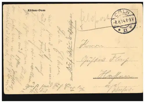 AK Kölner-Dom, Feldpost CÖLN 11 c - 8.8.1914