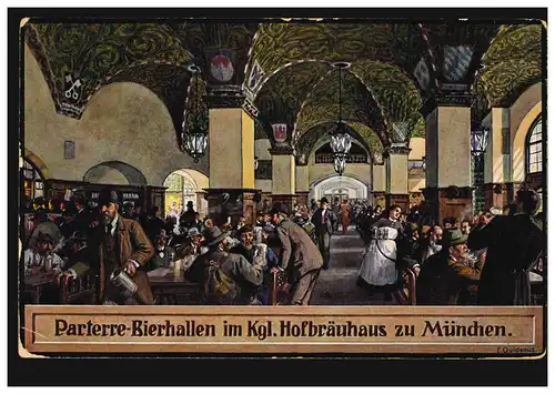 AK Parterre-Bierhallen im Hofbräuhaus München, Püter Mittermüller, 12.4.1916