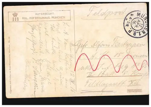 AK Parterre-Bierhallen im Hofbräuhaus München, Püter Mittermüller, 12.4.1916