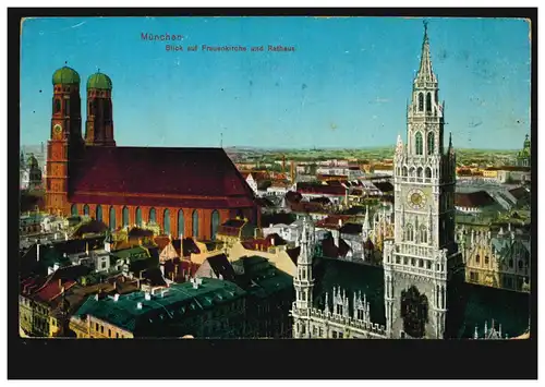 AK Munich: vue sur l'église des femmes et l 'hôtel de ville, poste de terrain MUNICH 2 - 9.3.1916