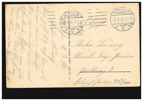 AK Munich: vue sur l'église des femmes et l 'hôtel de ville, poste de terrain MUNICH 2 - 9.3.1916