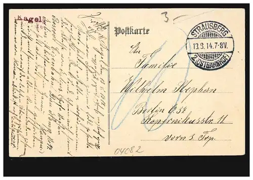 AK Autour du lac Elsen, Feldpost STRAUSBERG 2 (OSTBAHNHOF) 13.8.1914