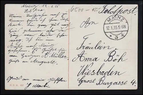 AK Mayence: Kaiserstrasse avec l'église du Christ, Feldpost MIANZ 3 k 12.1.1915