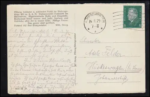 AK Sept Monts et le Rhin vus du mont des Oliviers, KÖNIGSWINTER 16.8.1929