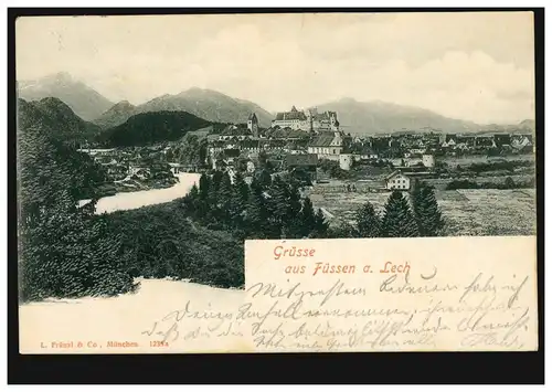 AK Grüsse aus Füssen am Lech: Panoramaansicht, 3.9.1902 nach PASING 4.9.02