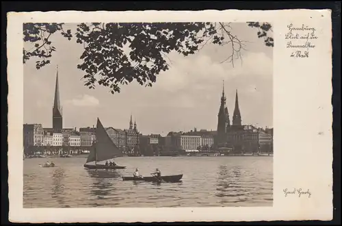 AK Hambourg: Vue sur la Binnenalster, Annonce-O Olympia Berlin 1936 HAMBURG 1937