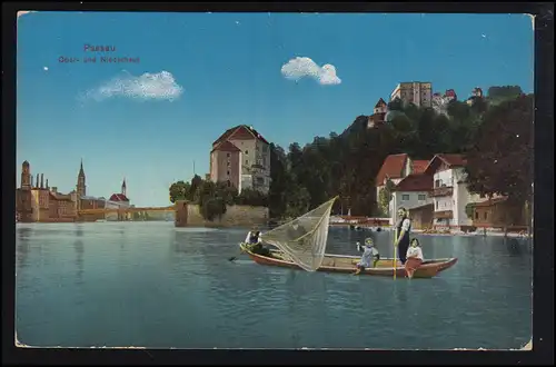 AK Passau: Maison supérieure et basse-maison avec bateau de pêche, bicycle PASSAU 3.2.1915