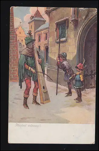 AK Artiste C.V. Muttich: Musicien à la porte de la ville avec des enfants, couru vers 1910