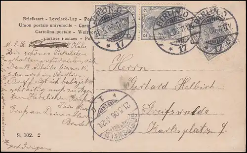 83I Germania 2 Pf. auf AK von BERLIN O 17c - 21.5.1906 nach GREIFSWALD 21.5.06