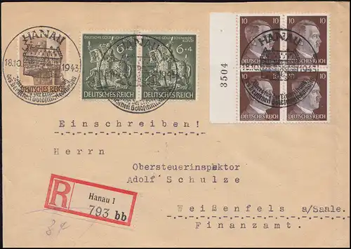 860 Goldschmiedekunst und 826 Viererblock mit Bogennummer R-Brief SSt HANAU 1943