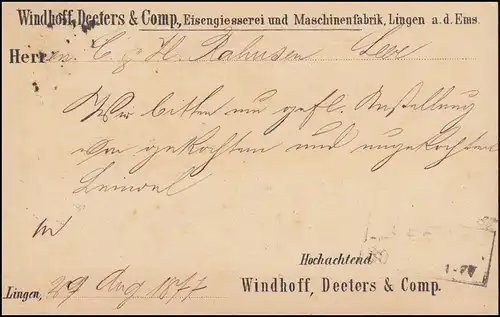 32 Ziffer 5 Pfennige als EF Postkarte LINGEN 30.8.1877 nach LEER 30.8.77