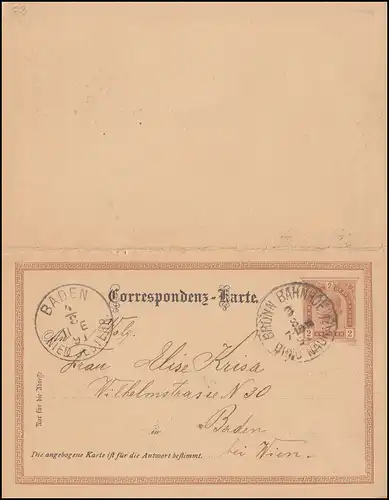 Autriche Carte postale P 83 F/A de BRÜNN BAHNHOF 3.8.1891 vers BADEN/Vienne 4.8.91