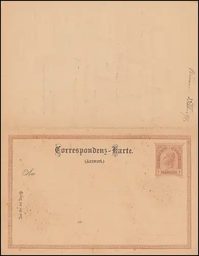 Österreich Postkarte P 83 F/A von BRÜNN BAHNHOF 3.8.1891 nach BADEN/Wien 4.8.91