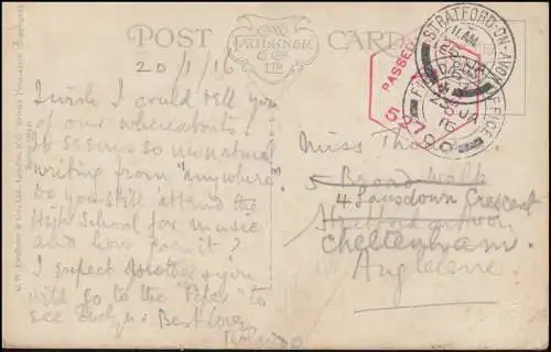 Englische Feldpost 527 FELDPOST OFFICE 23.1.1916 nach England STRATFORD 26.1.16