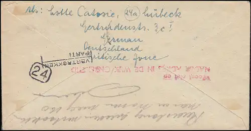 932 Ziffer 50 Pf als EF Auslandsbrief LÜBECK 3.12.1947 nach Den Haag und ZURÜCK