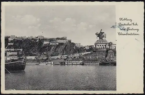 AK Deutsches Eck mit Festung Ehrenbreitstein, KOBLENZ 9.12.38 mit EF 681 Blumen