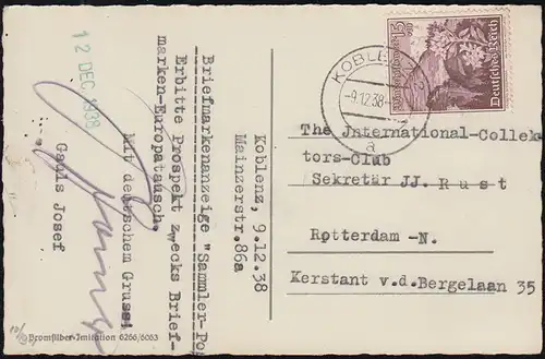 AK Deutsches Eck mit Festung Ehrenbreitstein, KOBLENZ 9.12.38 mit EF 681 Blumen