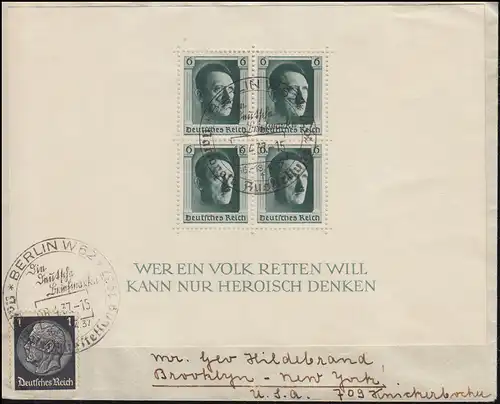 Block 7 Geburtstag 1937 mit 512 MiF Auslandsbrief SSt BERLIN Ausstellung 16.4.37