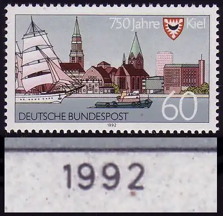 1598 Kiel mit PLF brauner Fleck unter der 2 von 1992, Feld 8, **