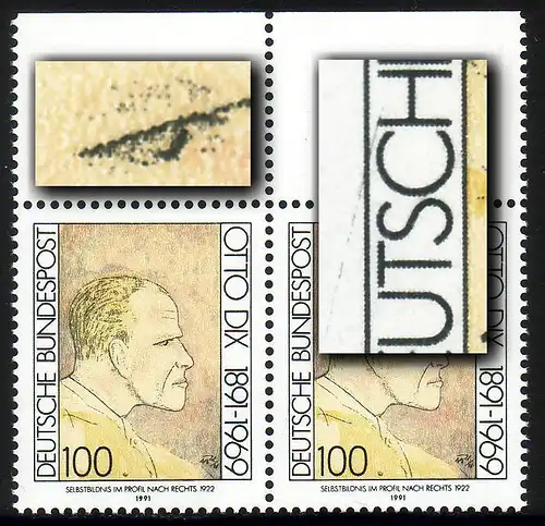 1573 Dix 100 Pf im OR-Paar mit PLF IV und Strich TSCH, Feld 5 und Feld 6 **