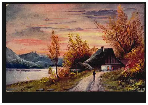 Künstler-AK Dorfidylle mit Bauernhof bei Sonnenuntergnag, FREIBURG/BREISGAU 1912