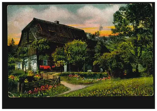 Bahnpost MAGDEBURG-UELZEN-BREMEN ZUG 462 - 19.11.1918, Künstler-AK Bauernhof