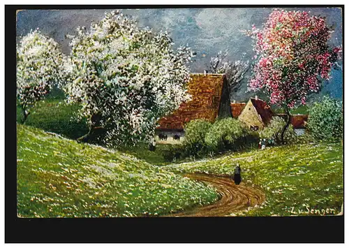 Künstler-AK L.v. Senger: Dorfidylle im Frühling, GROSS-LUKOW 2.11.1909
