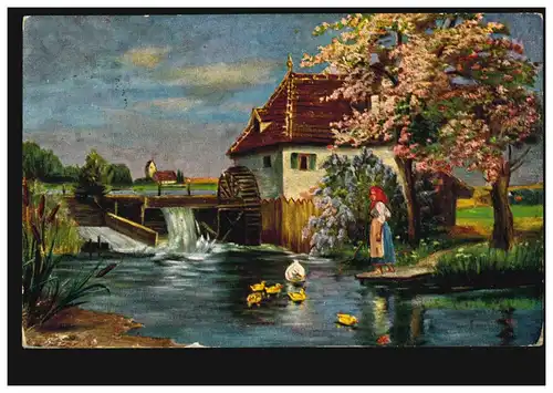 AK Artiste Paysage avec moulin à eau Oie paysanne, KARLSRUHE 16.6.1914