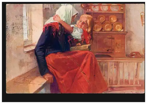 AK Artiste Josef Douba grand-mère avec petite-fille dans la cuisine - photos de Khodska