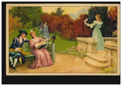Künstler-AK E. Kiesling: Im Park - Musik mit Gitarre, Wenau-Brabant, ungebraucht