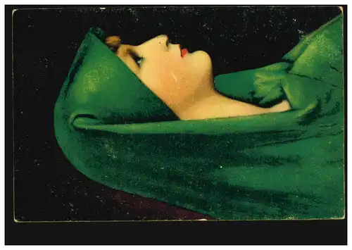 AK Artiste Jean Jacques Henner: tête d'étude - portrait de femme avec cape verte